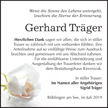 Traueranzeige von Gerhard Träger von Wochenspiegel Mansfelder Land