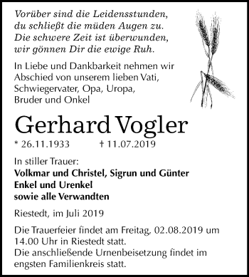 Traueranzeige von Gerhard Vogler von Super Sonntag Sangerhausen