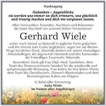 Traueranzeige von Gerhard Wiele von Mitteldeutsche Zeitung Mansfelder Land