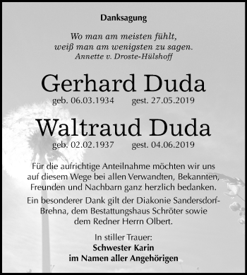 Traueranzeige von Gerhard und Waltraud Duda von Wochenspiegel Bitterfeld