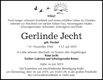 Traueranzeige von Gerlinde Jecht von Mitteldeutsche Zeitung Halle/Saalkreis