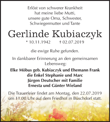 Traueranzeige von Gerlinde Kubiaczyk von Mitteldeutsche Zeitung Halle/Saalkreis