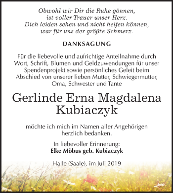 Traueranzeige von Gerlinde Kubiaczyk von Mitteldeutsche Zeitung Halle/Saalkreis