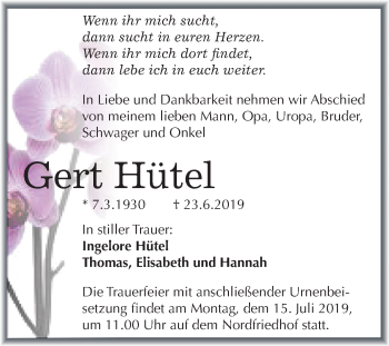 Traueranzeige von Gert Hütel von Mitteldeutsche Zeitung Halle/Saalkreis