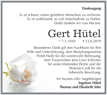 Traueranzeige von Gert Hütel von Mitteldeutsche Zeitung Halle/Saalkreis