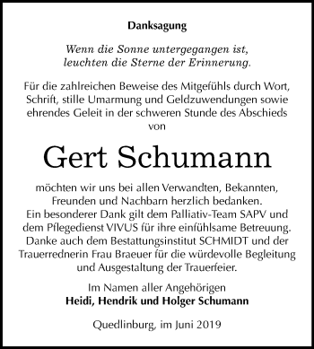 Traueranzeige von Gert Schumann von Mitteldeutsche Zeitung Quedlinburg