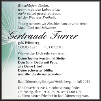 Traueranzeige von Gertraude Furrer von Mitteldeutsche Zeitung Merseburg/Querfurt