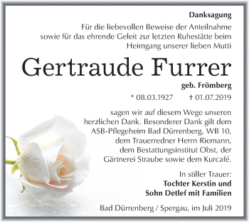 Traueranzeige von Gertraude Furrer von Super Sonntag Merseburg/Querfurt