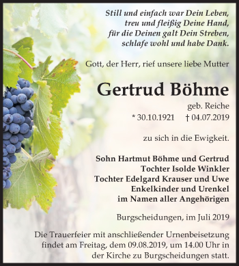 Traueranzeige von Gertrud Böhme von Mitteldeutsche Zeitung Naumburg/Nebra