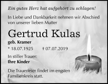 Traueranzeige von Gertrud Kulas von Wochenspiegel Mansfelder Land