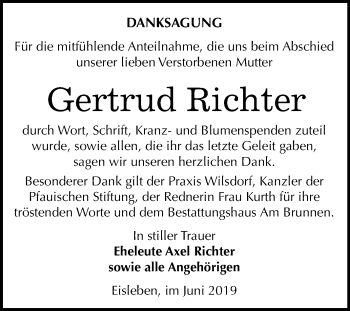 Traueranzeige von Gertrud Richter von Mitteldeutsche Zeitung Mansfelder Land