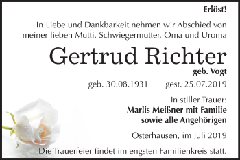 Traueranzeige von Gertrud Richter von Mitteldeutsche Zeitung Mansfelder Land