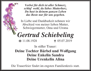 Traueranzeige von Gertrud Schiebeling von Super Sonntag Dessau-Roßlau