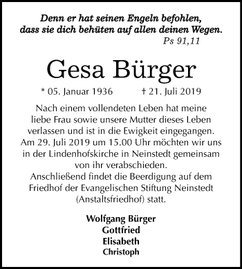 Traueranzeige von Gesa Bürger von Super Sonntag Quedlinburg