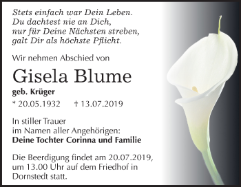 Traueranzeige von Gisela Blume von Mitteldeutsche Zeitung Halle/Saalkreis