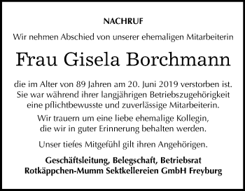 Traueranzeige von Gisela Borchmann von Mitteldeutsche Zeitung Naumburg/Nebra
