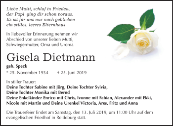 Traueranzeige von Gisela Dietmann von Mitteldeutsche Zeitung Halle/Saalkreis