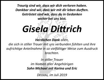 Traueranzeige von Gisela Dittrich von Super Sonntag Dessau-Roßlau