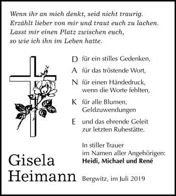 Traueranzeige von Gisela Heimann von Super Sonntag Wittenberg