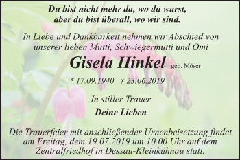 Traueranzeige von Gisela Hinkel von Mitteldeutsche Zeitung Dessau-Roßlau