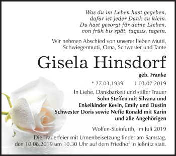 Traueranzeige von Gisela Hinsdorf von Mitteldeutsche Zeitung Bitterfeld