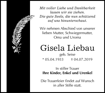Traueranzeige von Gisela Liebau von Mitteldeutsche Zeitung Naumburg/Nebra
