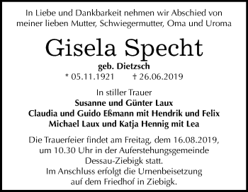 Traueranzeige von Gisela Specht von Mitteldeutsche Zeitung Dessau-Roßlau