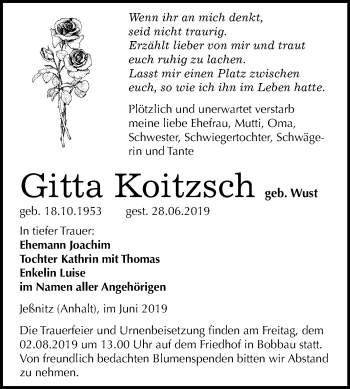 Traueranzeige von Gitta Koitzsch von Wochenspiegel Bitterfeld