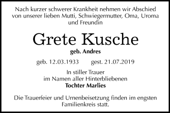 Traueranzeige von Grete Kusche von Mitteldeutsche Zeitung Bernburg