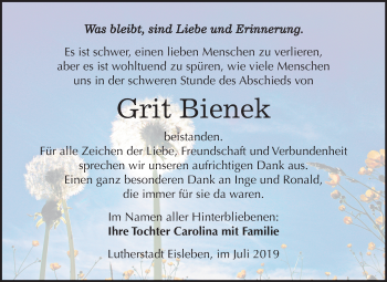 Traueranzeige von Grit Bienek von Mitteldeutsche Zeitung Mansfelder Land