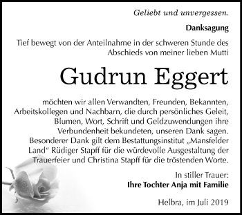 Traueranzeige von Gudrun Eggert von Mitteldeutsche Zeitung Mansfelder Land