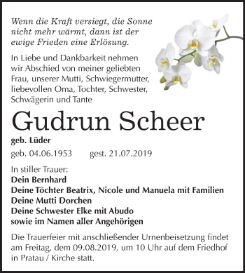 Traueranzeige von Gudrun Scheer von Mitteldeutsche Zeitung Wittenberg