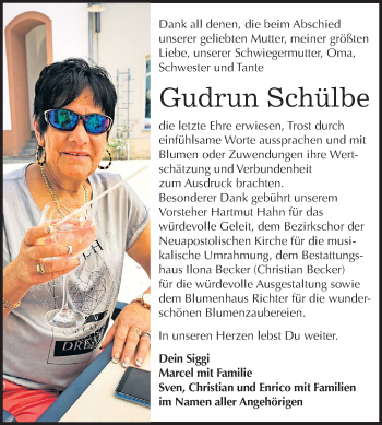 Traueranzeige von Gudrun Schülbe von Mitteldeutsche Zeitung Sangerhausen