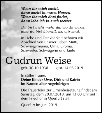 Traueranzeige von Gudrun Weise von Wochenspiegel Merseburg/Querfurt