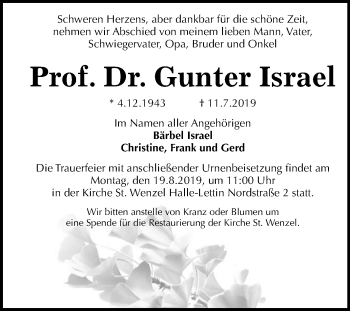 Traueranzeige von Gunter Israel von Mitteldeutsche Zeitung Halle/Saalkreis