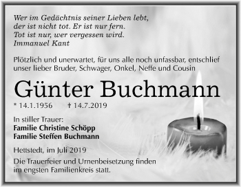 Traueranzeige von Günter Buchmann von Wochenspiegel Mansfelder Land