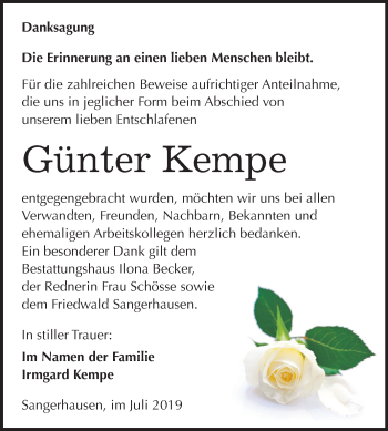 Traueranzeige von Günter Kempe von Mitteldeutsche Zeitung Sangerhausen