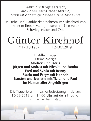 Traueranzeige von Günter Kirchhof von Mitteldeutsche Zeitung Sangerhausen