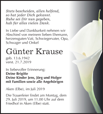 Traueranzeige von Günter Kraus von Mitteldeutsche Zeitung Köthen
