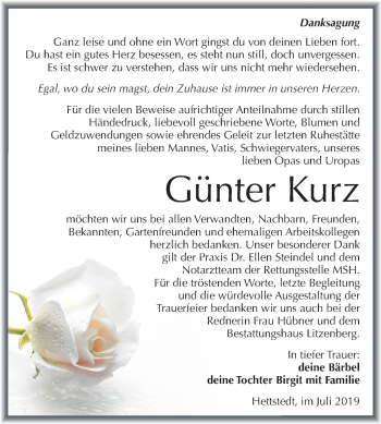 Traueranzeige von Günter Kurz von Mitteldeutsche Zeitung Mansfelder Land