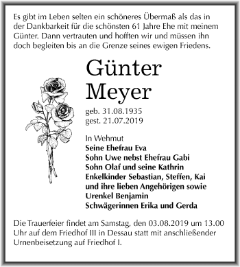 Traueranzeige von Günter Meyer von Super Sonntag Dessau-Roßlau