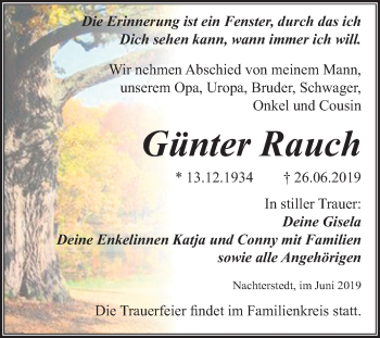 Traueranzeige von Günter Rauch von Mitteldeutsche Zeitung Aschersleben