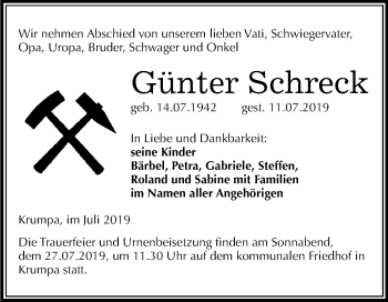 Traueranzeige von Günter Schreck von Super Sonntag Merseburg/Querfurt