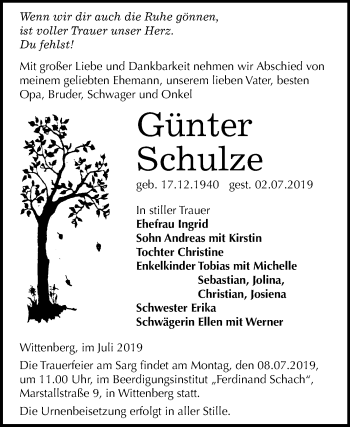 Traueranzeige von Günter Schulze von Super Sonntag Wittenberg