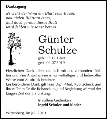 Traueranzeige von Günter Schulze von Mitteldeutsche Zeitung Wittenberg