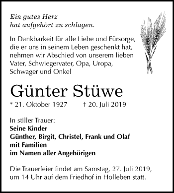 Traueranzeige von Günter Stüwe von Mitteldeutsche Zeitung Halle/Saalkreis