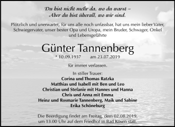 Traueranzeige von Günter Tannenberg von Wochenspiegel Naumburg/Nebra