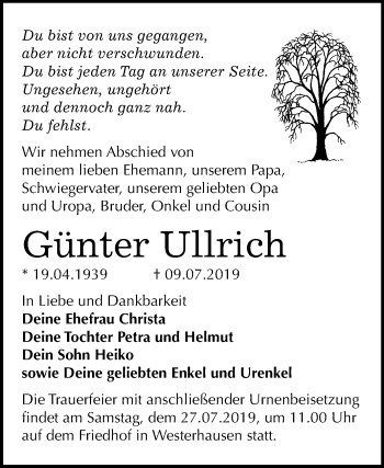 Traueranzeige von Günter Ullrich von Mitteldeutsche Zeitung Quedlinburg