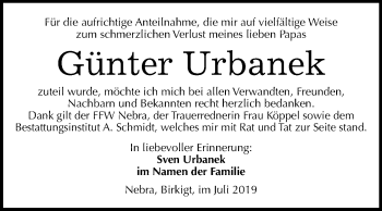 Traueranzeige von Günter Urbanek von Wochenspiegel Naumburg/Nebra