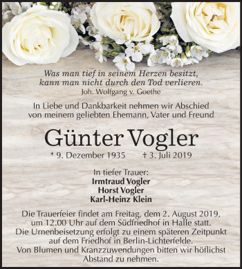 Traueranzeige von Günter Vogler von Mitteldeutsche Zeitung Halle/Saalkreis